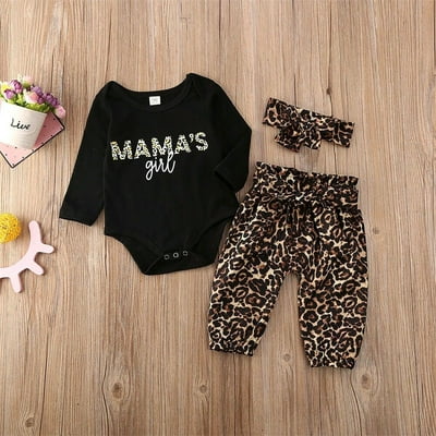 UK Newborn Baby Boy Girl Leopard Print Tops Romper Pants Outfit Clothes 2Pcs Set